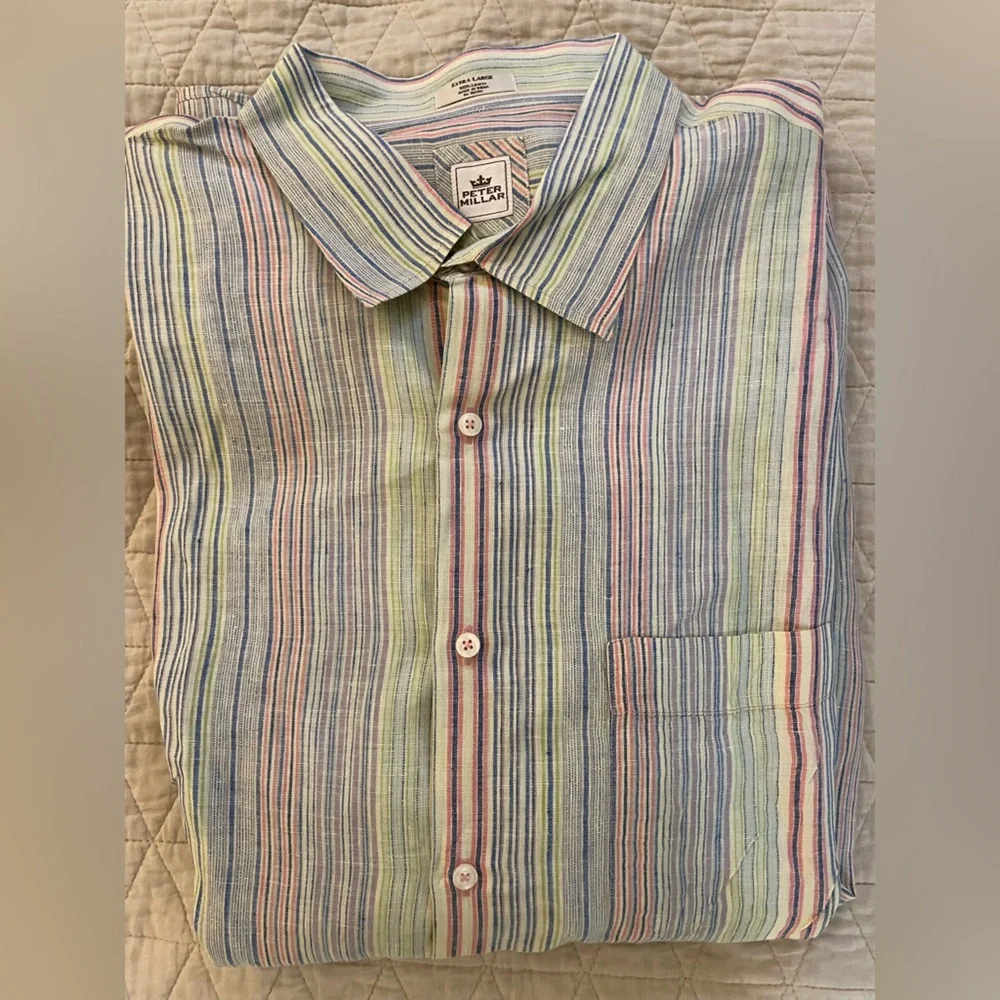 PETER MILLAR Multicolor Stripe Linen Sport Shirt‎ Size XL $160